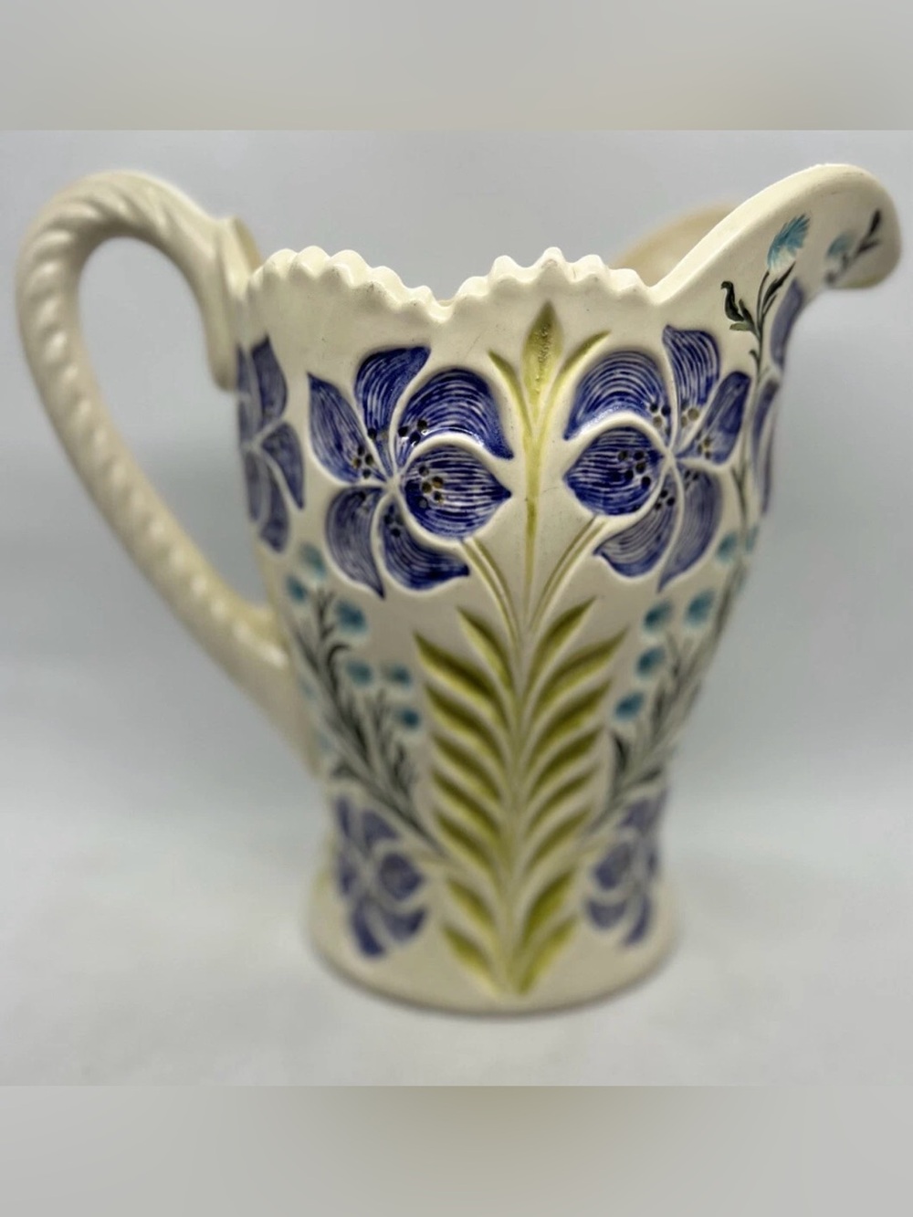 Vintage Art Pottery Hand-Painted Blue Floral Ceramic Pitcher